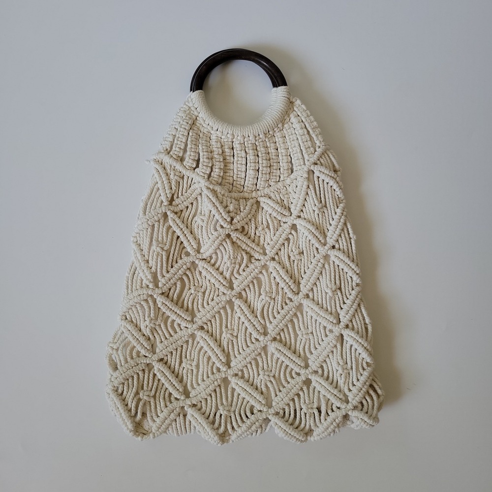 Macrame Wooden Top Handle Tote Bag Purse Ivory Beachy Boho Festival Hippie Retro